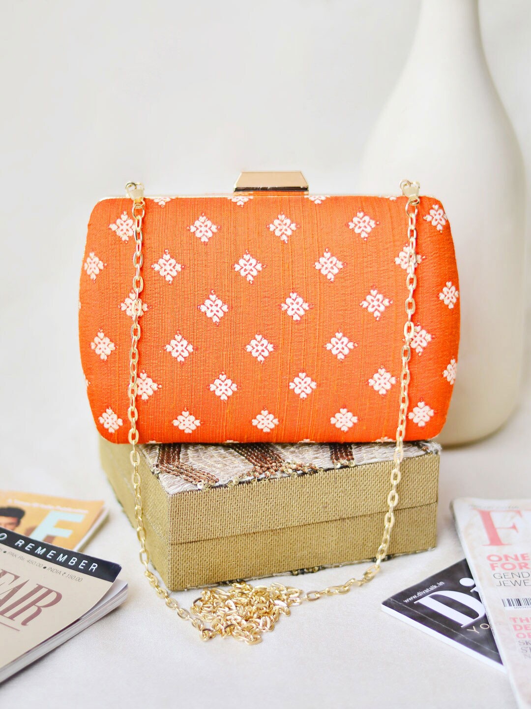 

ARTKLIM Orange & Gold-Toned Embroidered Box Clutch