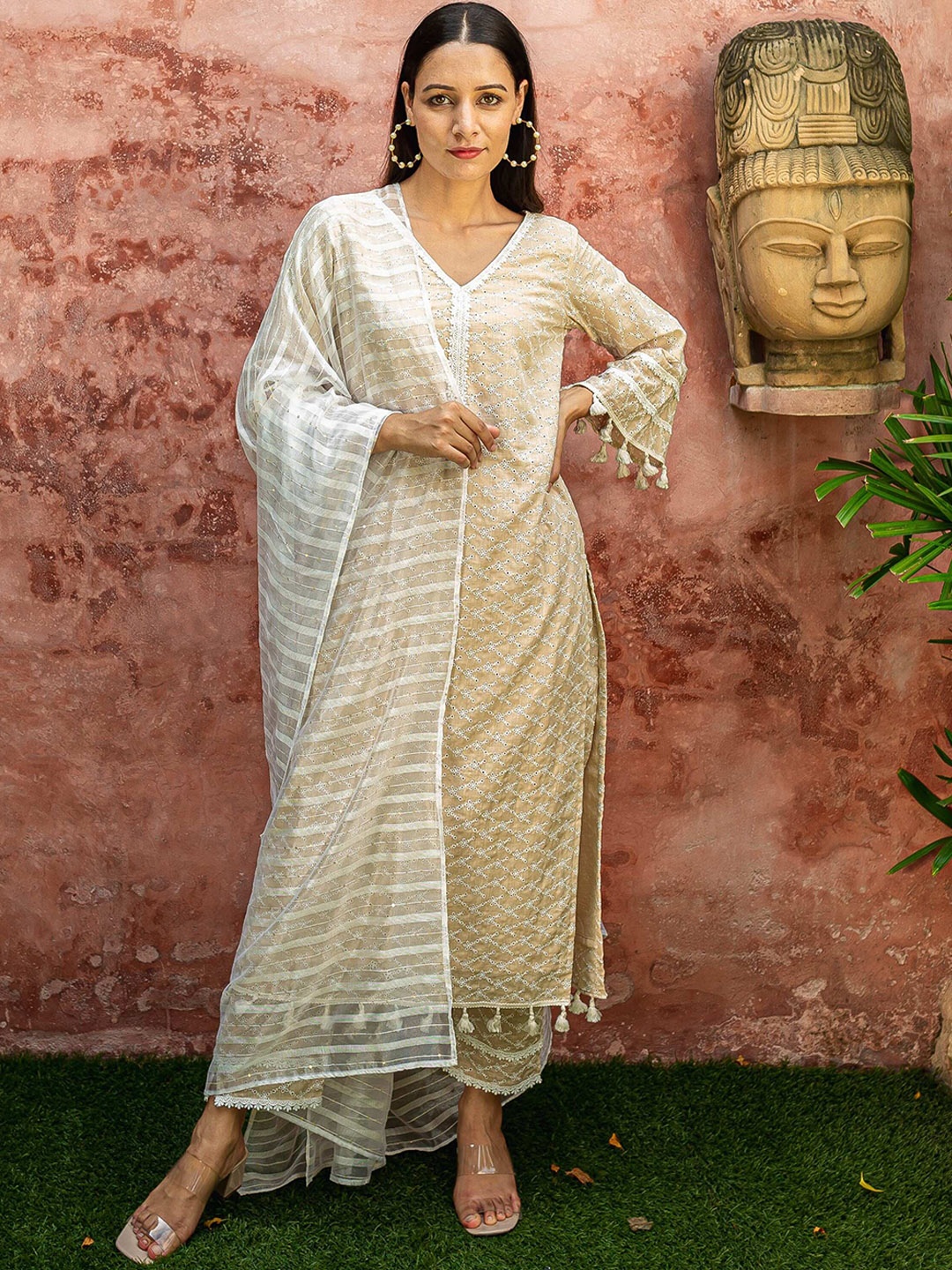 

EMPRESS PITARA Kurta with Trousers & With Dupatta, Beige