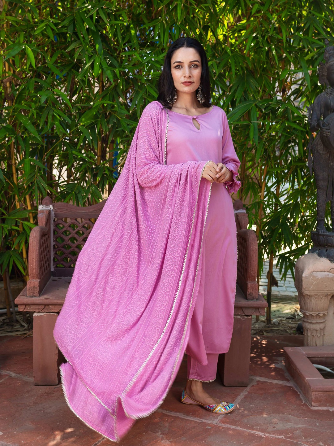 

EMPRESS PITARA Pure Cotton Kurta with Trousers & With Dupatta, Purple