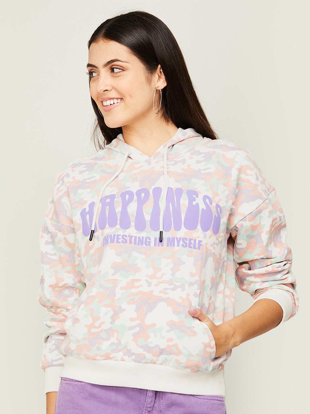 

Ginger by Lifestyle Women Printed Hooded Cotton Sweatshirt, Cream