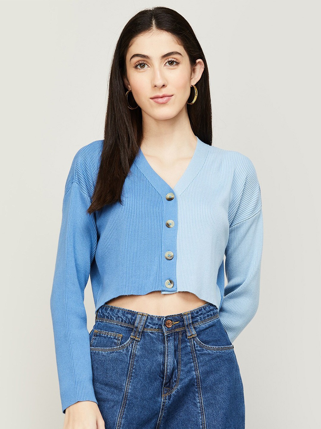 

Ginger by Lifestyle Women Colourblocked Crop Cardigan Sweater, Blue