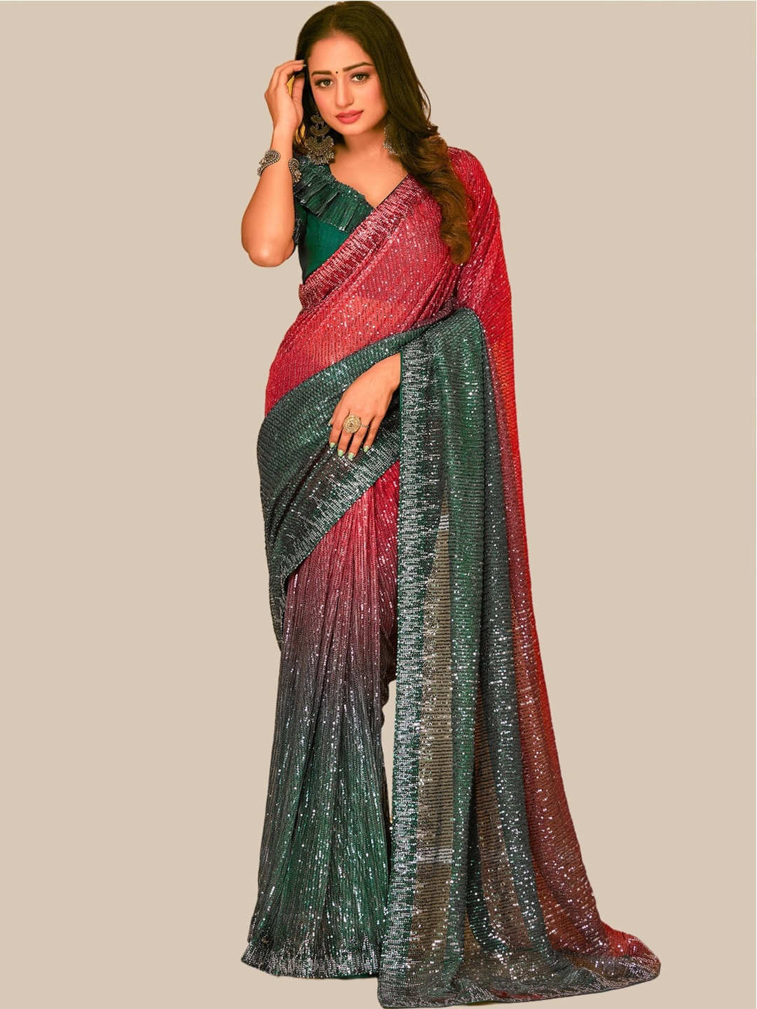 

Chhabra 555 Ombre Sequinned Net Saree, Green