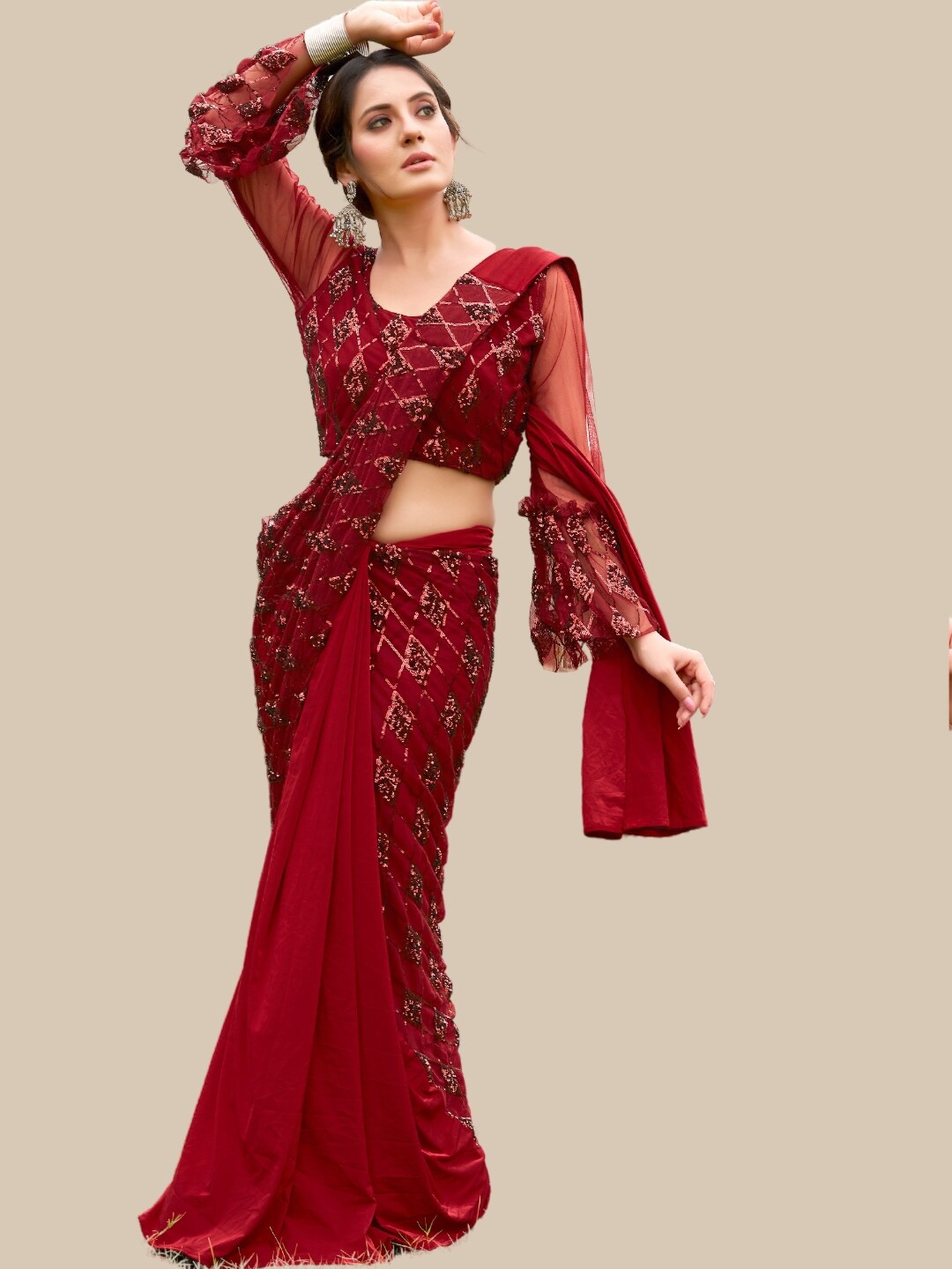 

Chhabra 555 Embellished Sequinned Net Ready to Wear Saree, Red