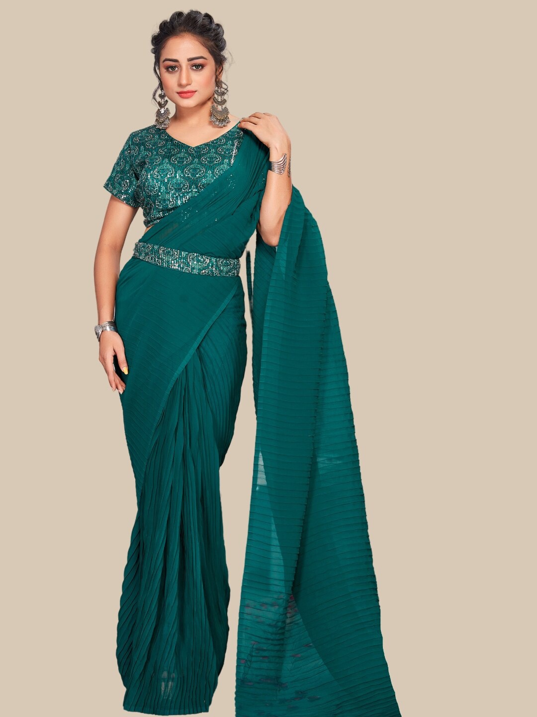 

Chhabra 555 Sequinned Georgette Party Saree, Green