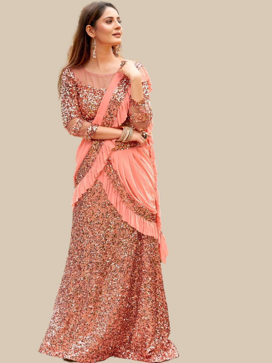 

Chhabra 555 Embellished Sequinned Net Saree, Peach