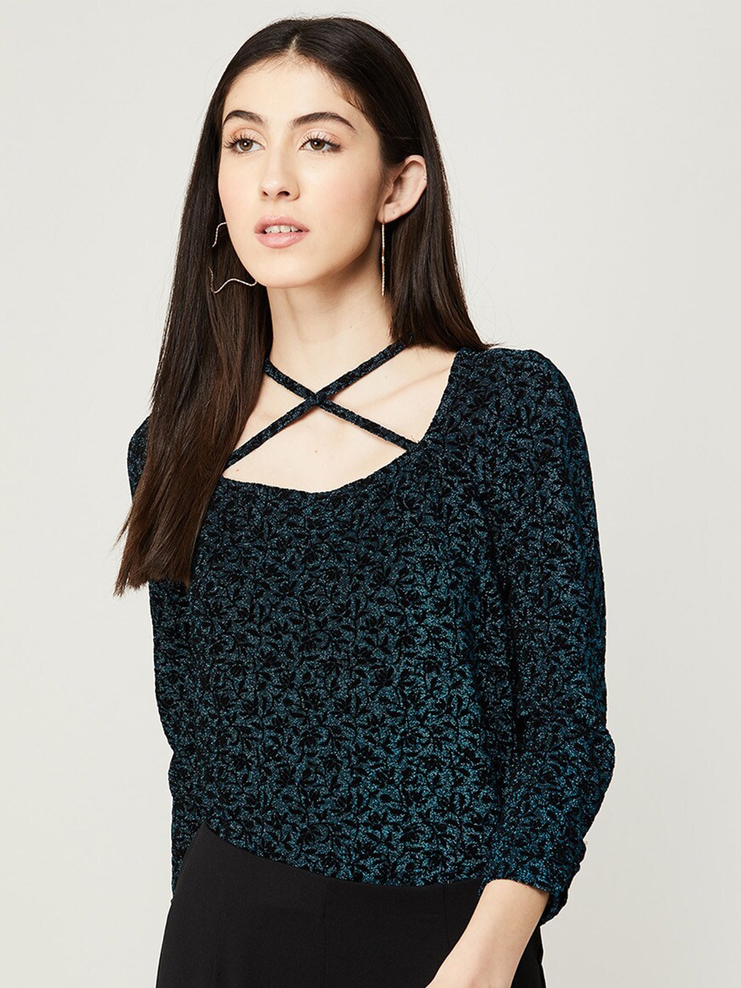 

CODE by Lifestyle Floral Print Tie-Up Neck Top, Green