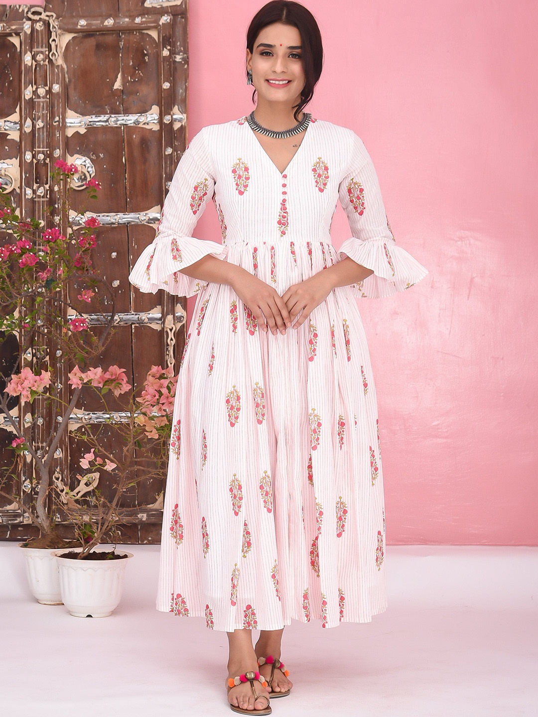 

Bunaai Printed Pure Cotton Maxi-Length Ethnic Dresses, White