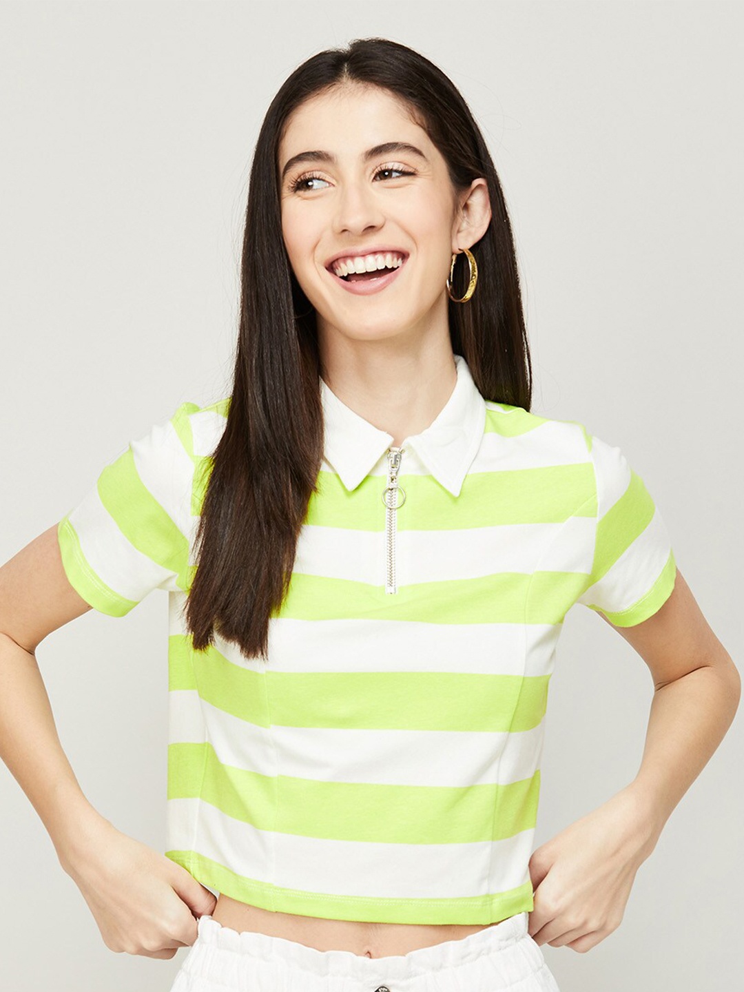 

Ginger by Lifestyle Striped Shirt Style Cotton Crop Top, Lime green