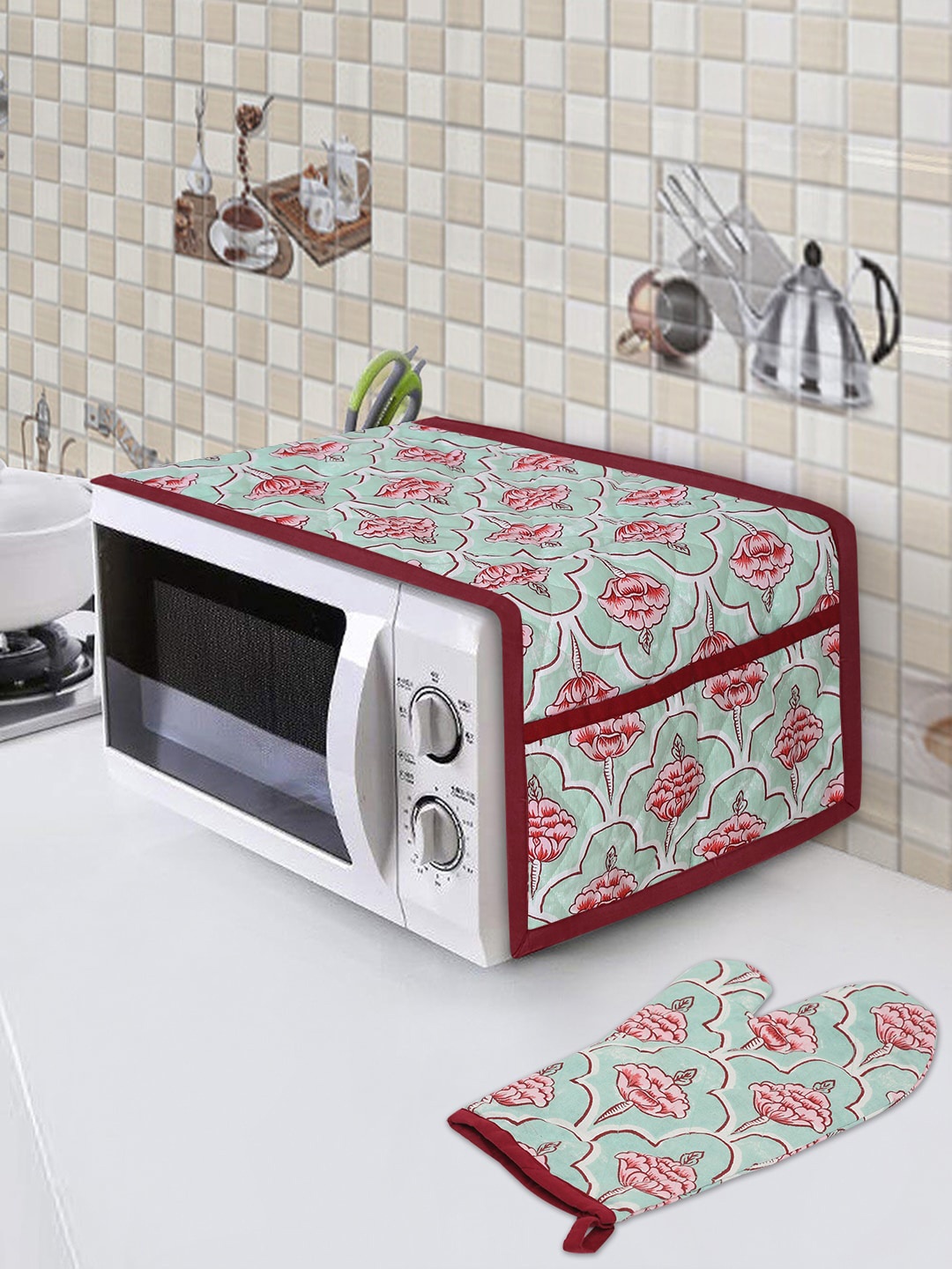 

Rajasthan Decor Floral Printed Cotton Microwave Cover With Gloves, Sea green
