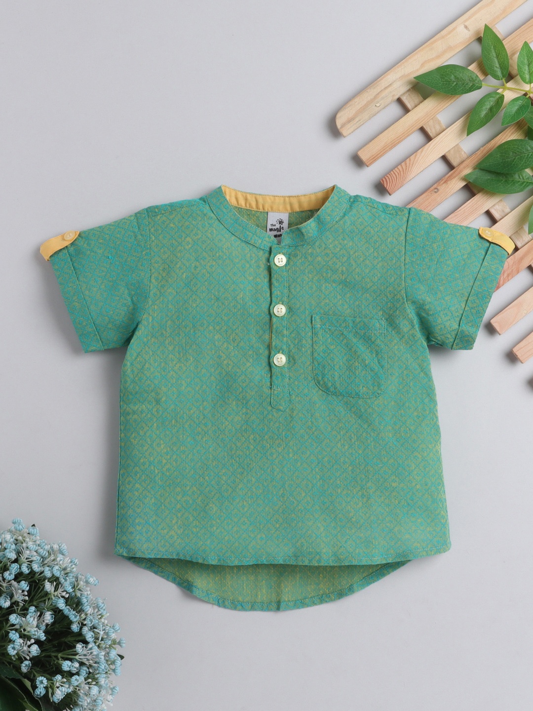 

The Magic Wand Boys Geometric Summer Sheers Dobby Cotton Kurta, Green