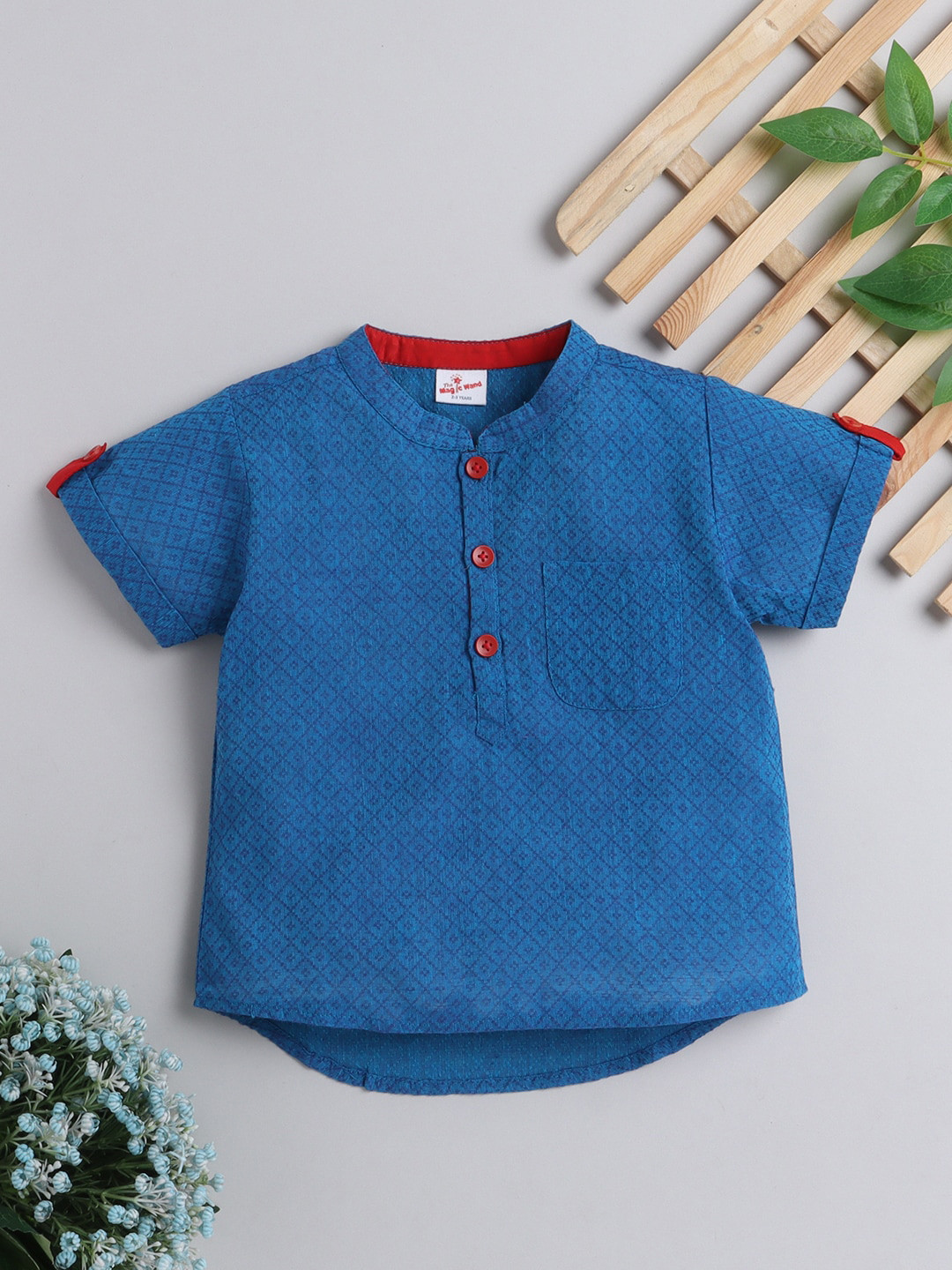 

The Magic Wand Boys Mandarin Collar Geometric Woven Design Dobby Cotton Kurta, Blue