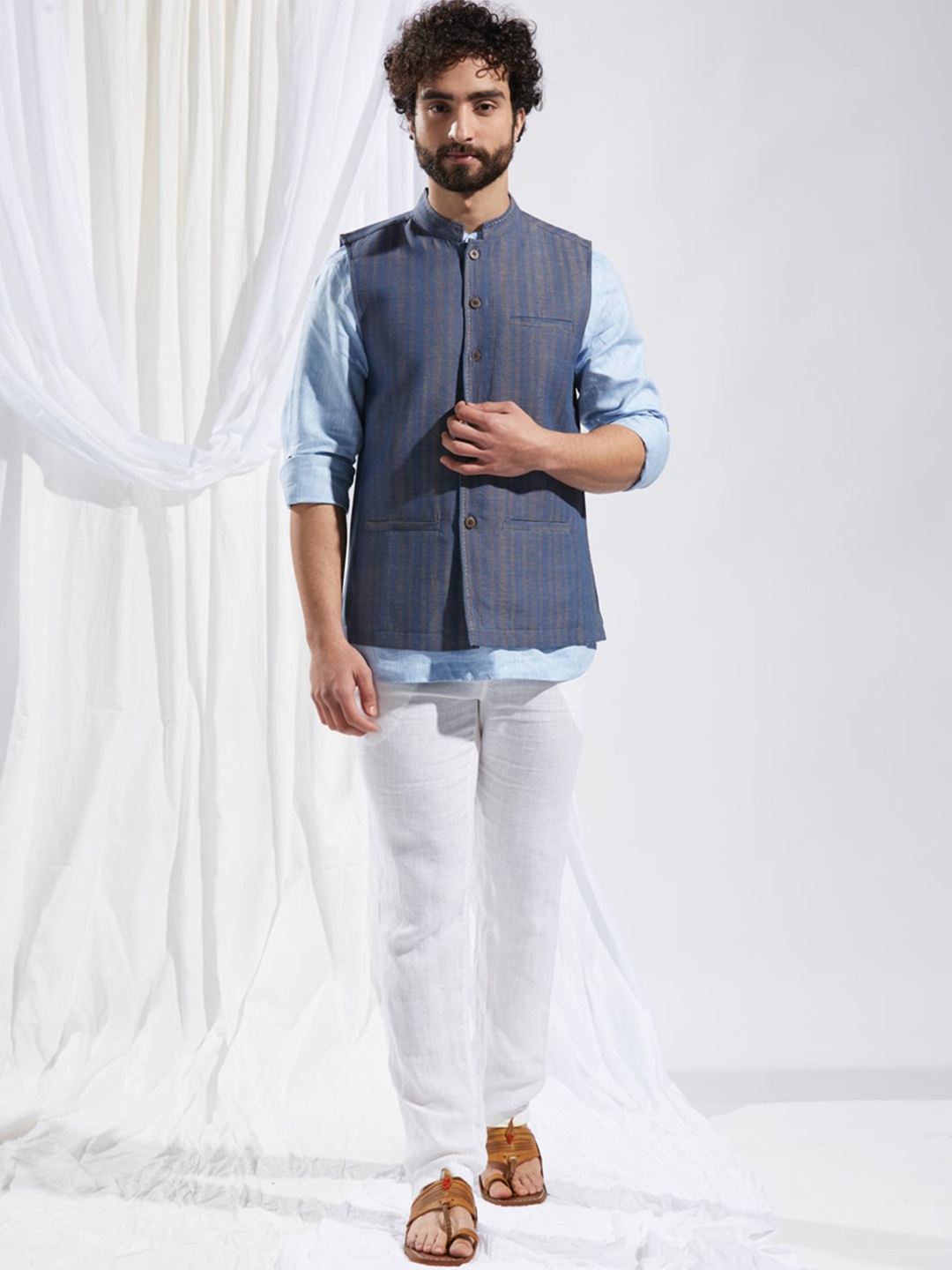 

Fabindia Men Woven Design Pure Cotton Nehru Jacket, Blue