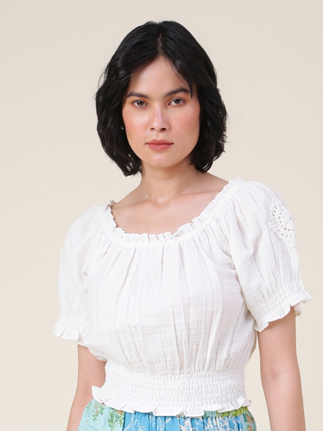 

Fabindia Blouson Crop Pure Cotton Top, Off white