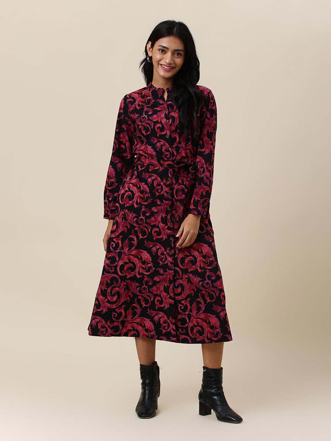 

Fabindia Floral Printed Cotton A-Line Midi Dress, Black