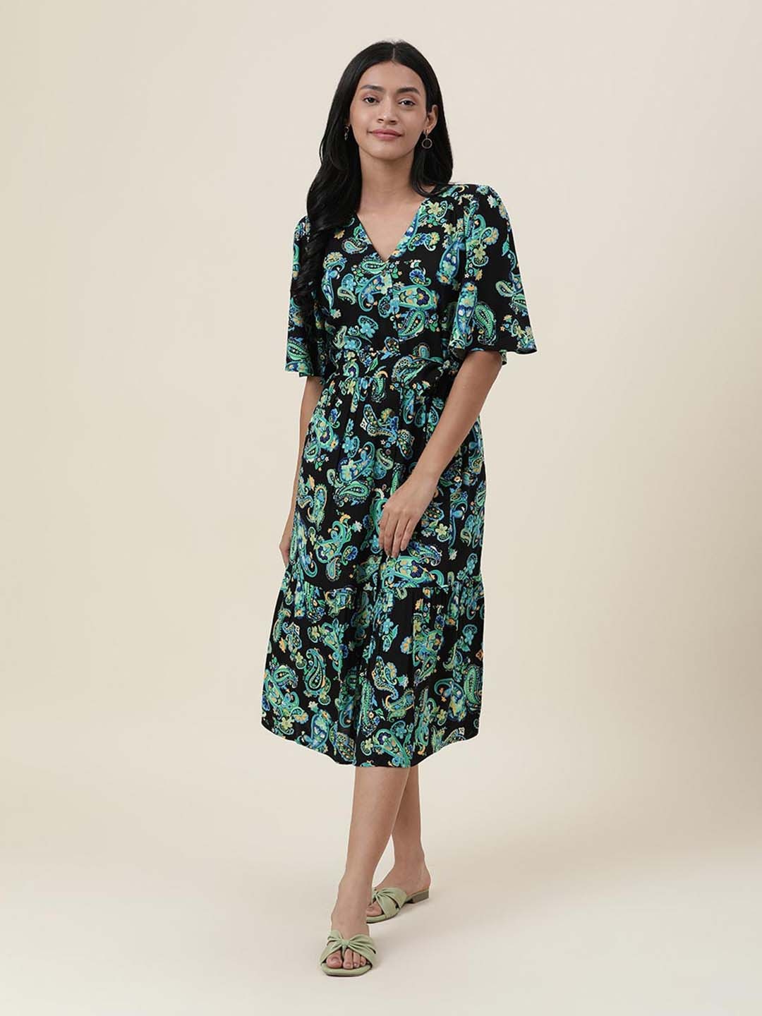 

Fabindia Ethnic Motifs Printed V-Neck Midi Dress, Black