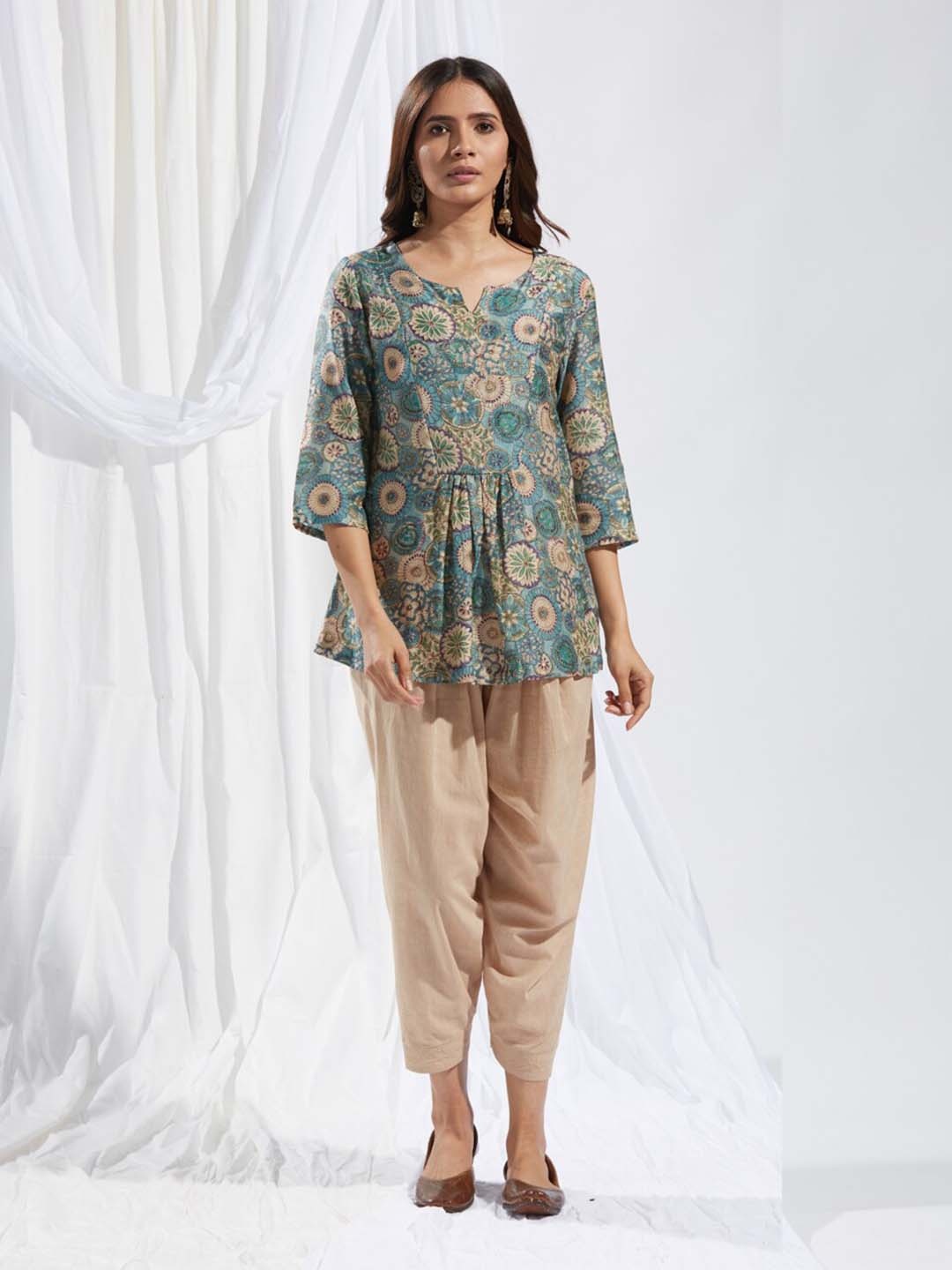 

Fabindia Floral Printed Longline Top, Green