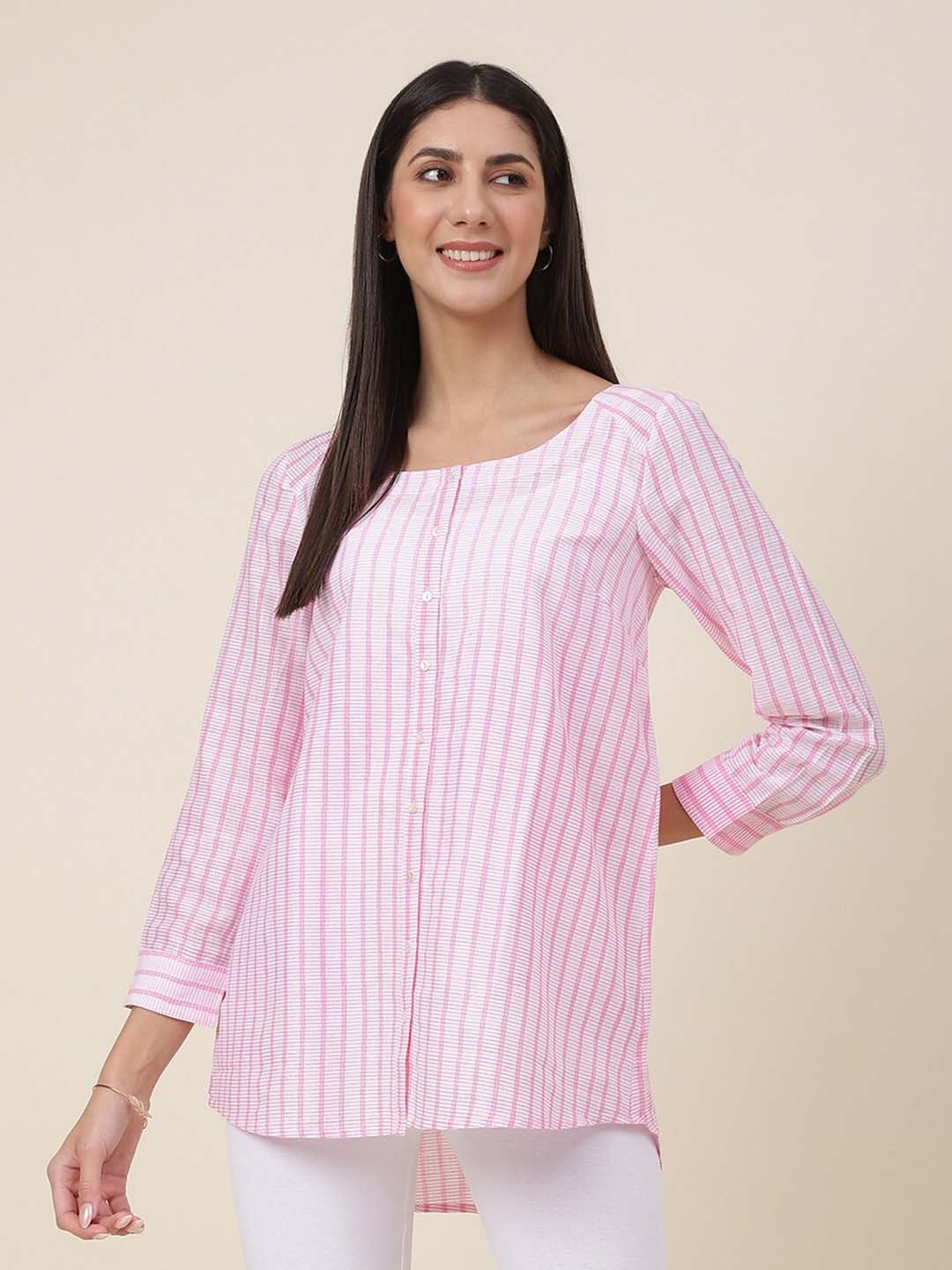 

Fabindia Women Striped Cotton Casual Shirt, Pink