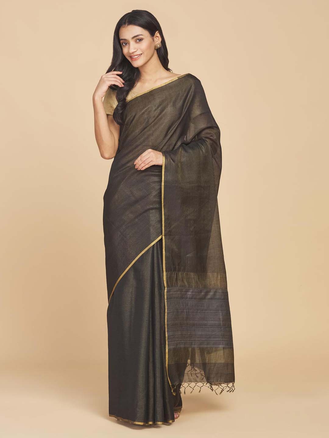 

Fabindia Striped Zari Tussar Cotton Saree, Black