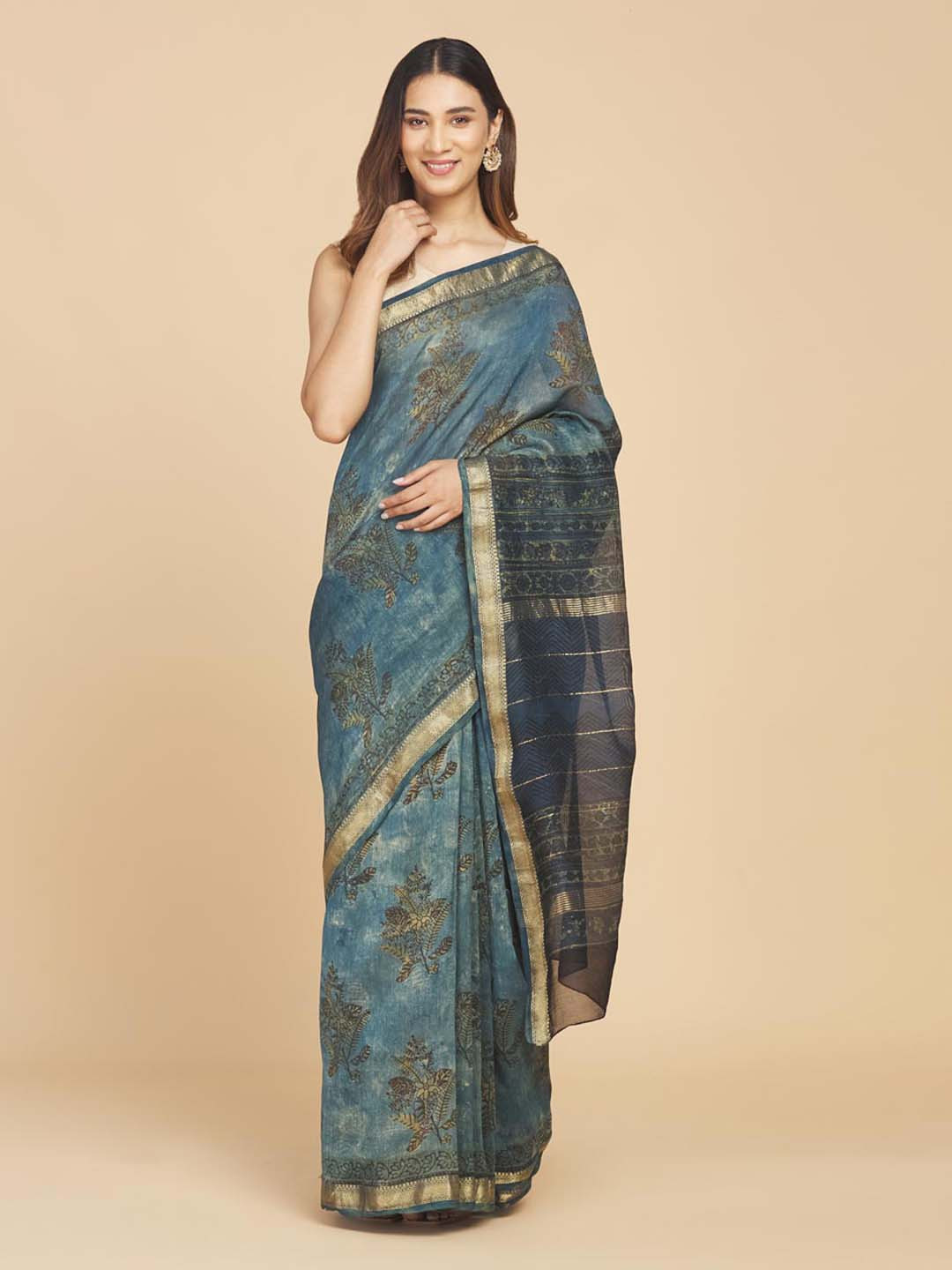 

Fabindia Ethnic Motifs Zari Silk Cotton Dabu Saree, Blue