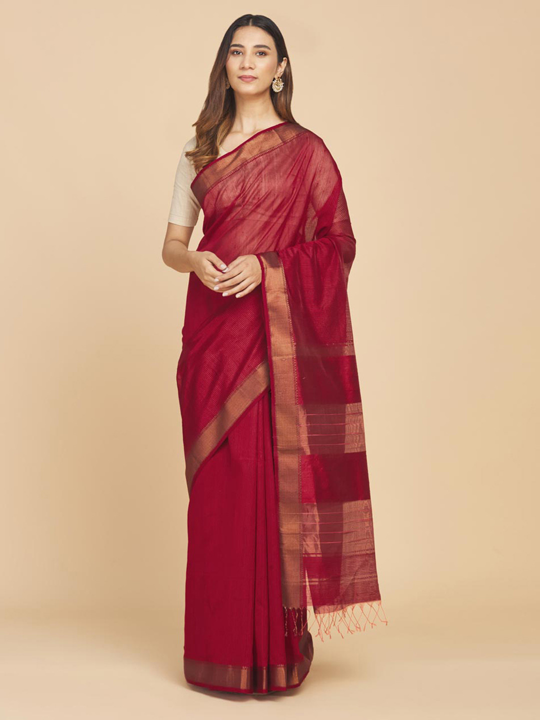

Fabindia Zari Silk Blend Maheshwari Saree, Red