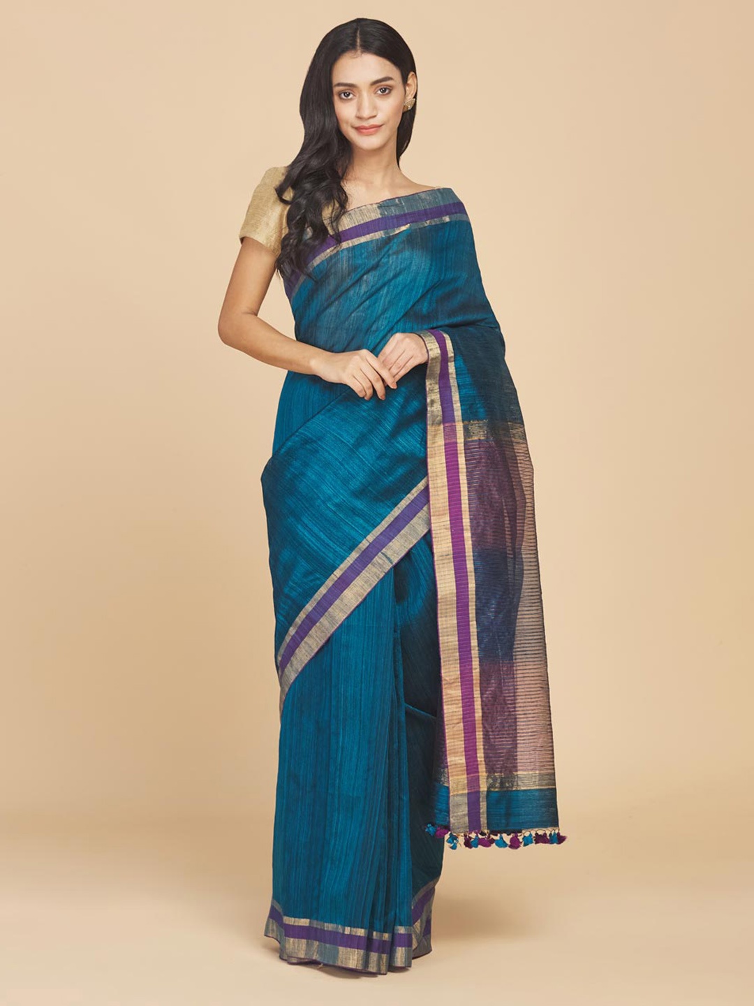 

Fabindia Zari Pure Silk Saree, Steel