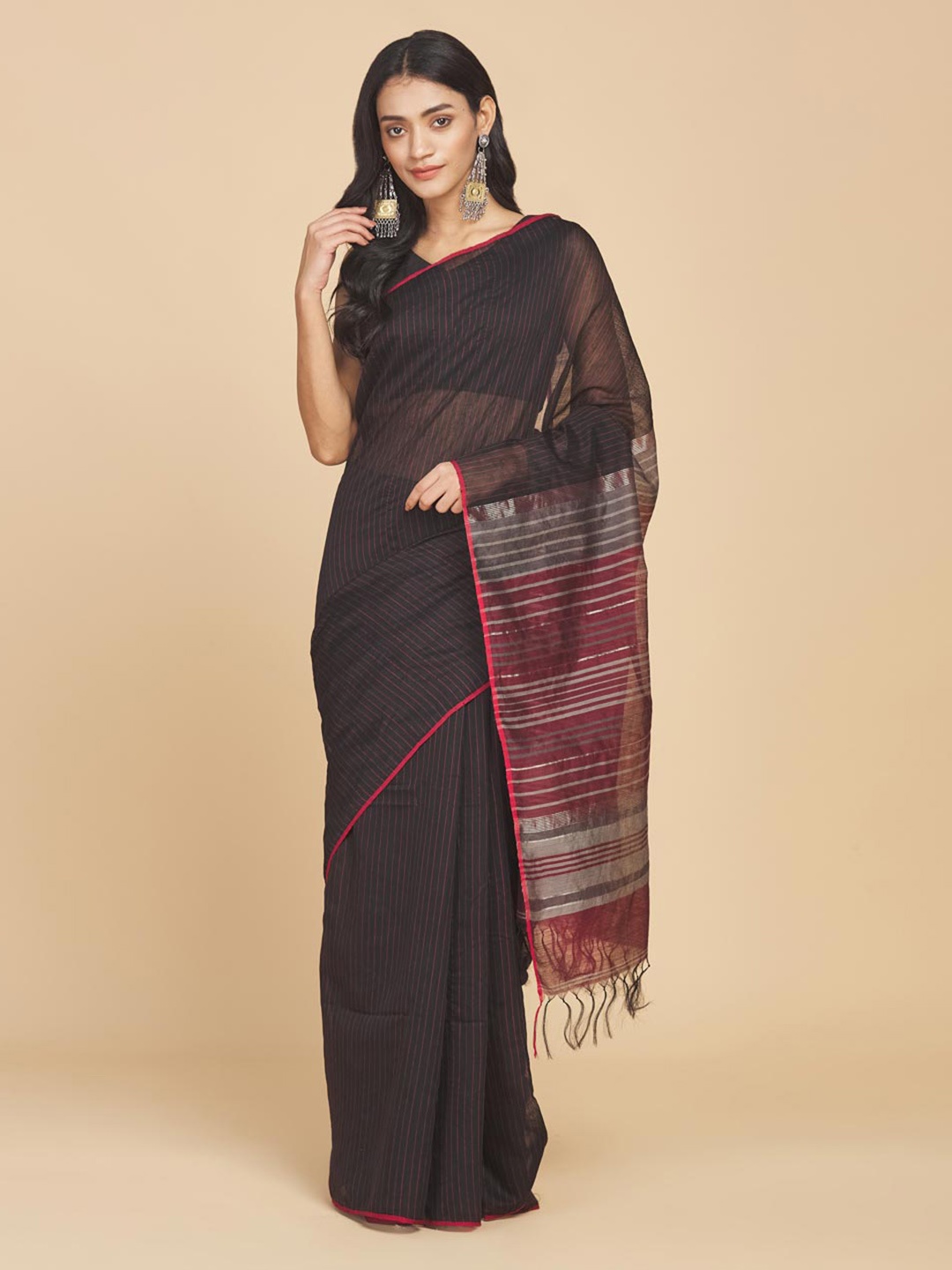

Fabindia Striped Wool Blend Saree, Black