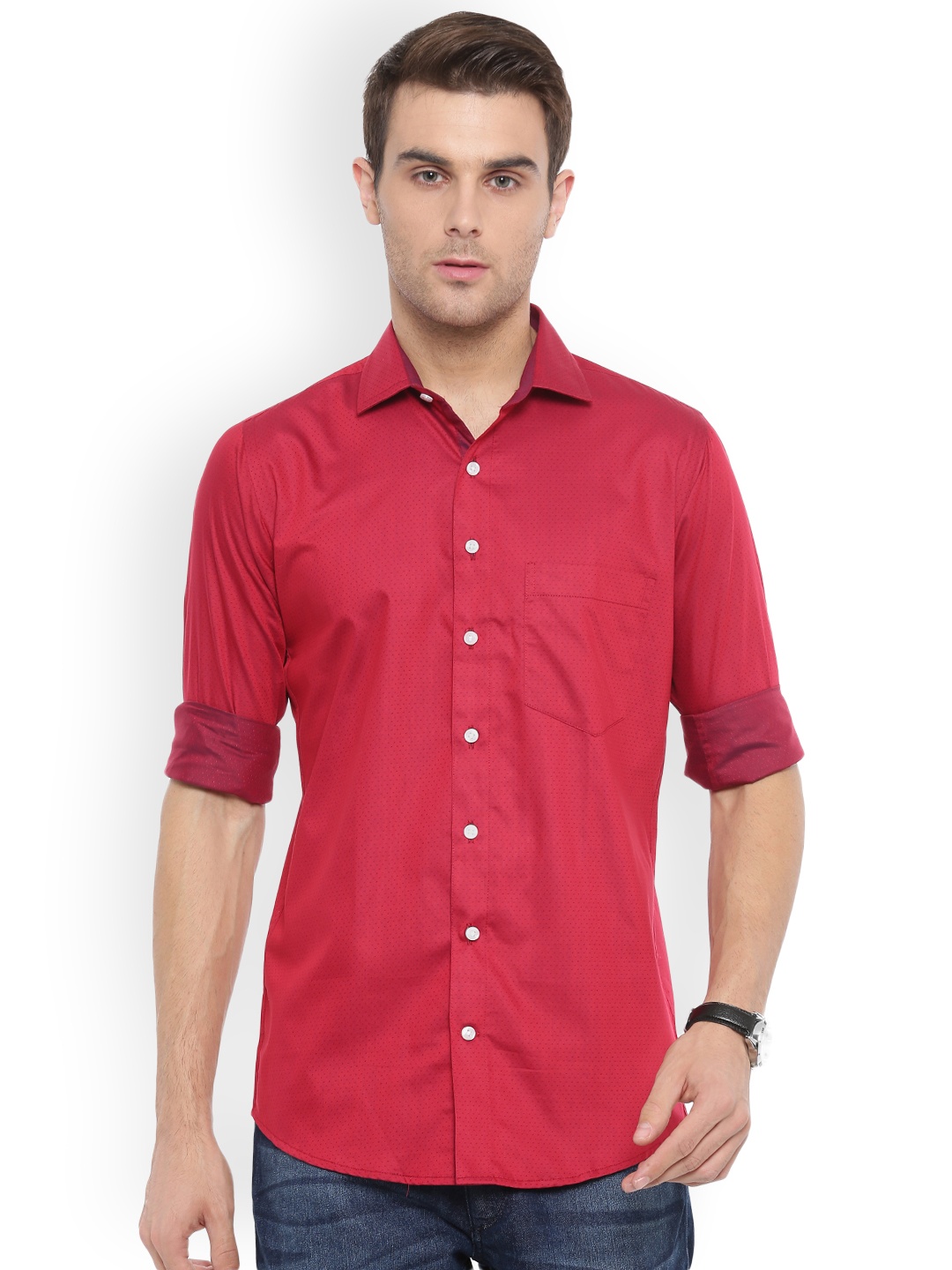 

Shaftesbury London Men Red Comfort Slim Fit Self Design Casual Shirt