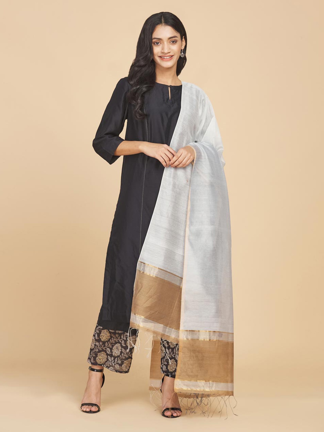 

Fabindia Woven Design Cotton Silk Dupatta with Zari, Off white