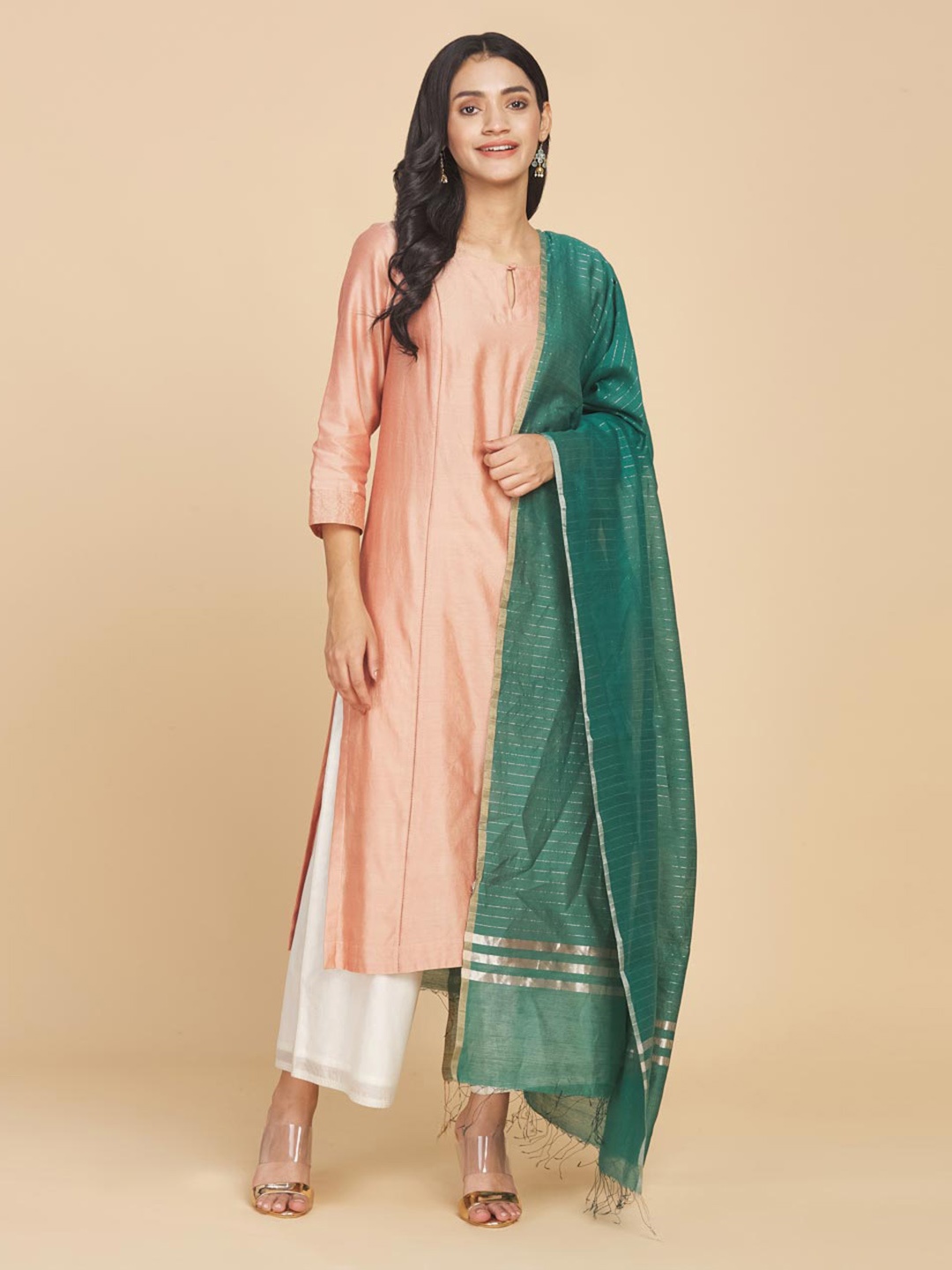 

Fabindia Striped Cotton Silk Dupatta with Zari, Green