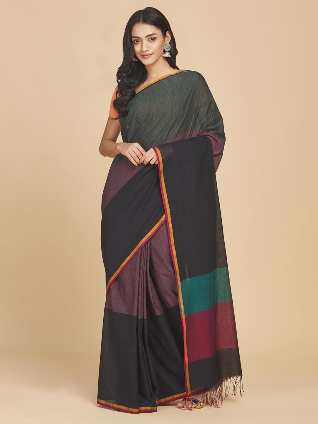

Fabindia Colourblocked Pure Cotton Saree, Black