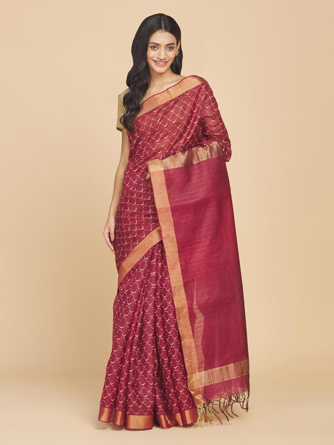 

Fabindia Ethnic Motifs Silk Blend Saree, Brown