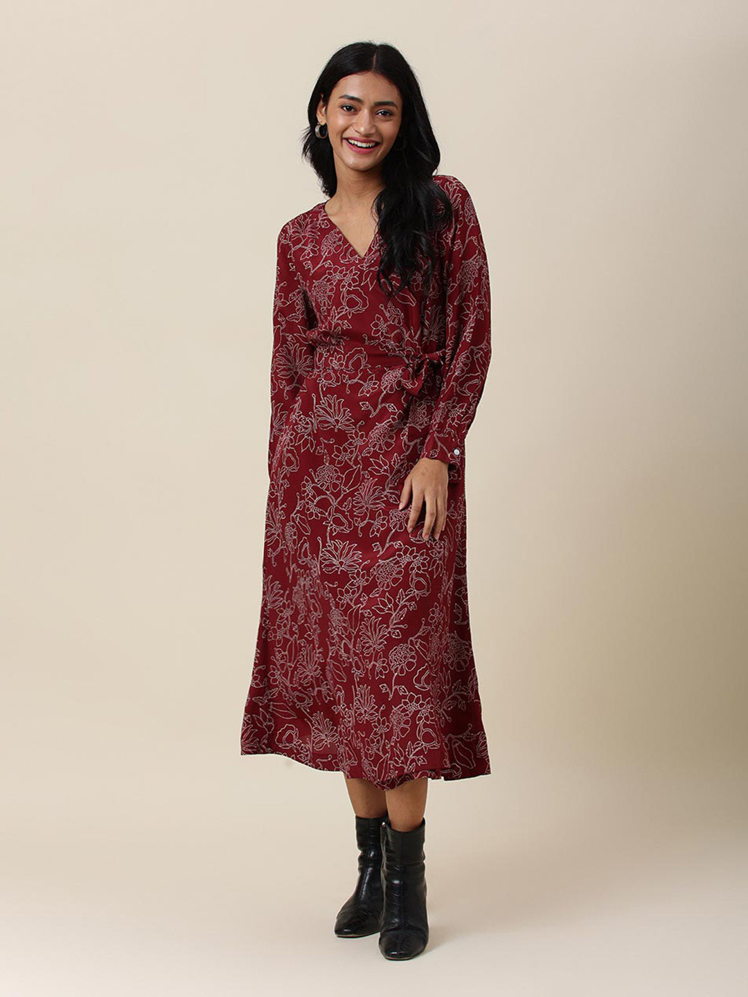 

Fabindia Floral Printed V-Neck A-Line Midi Dress, Maroon