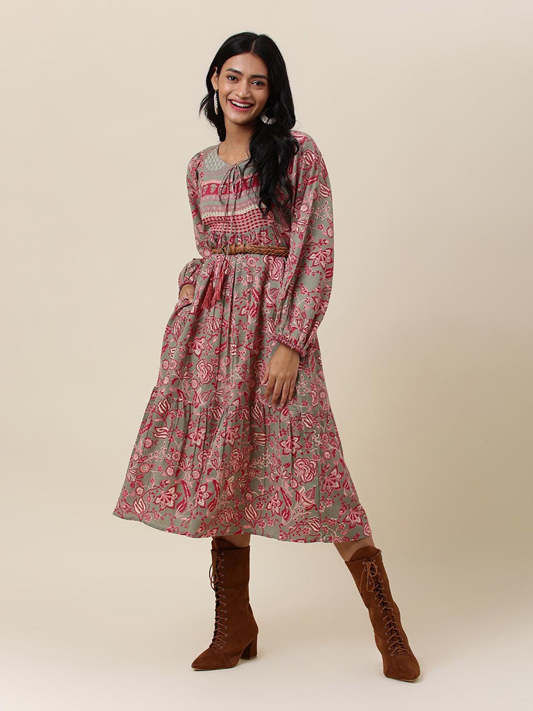 

Fabindia Green & Maroon Floral Midi Dress