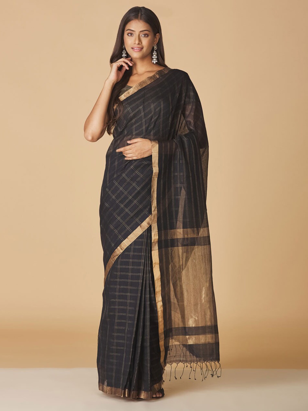 

Fabindia Checked Zari Silk Cotton Saree, Black