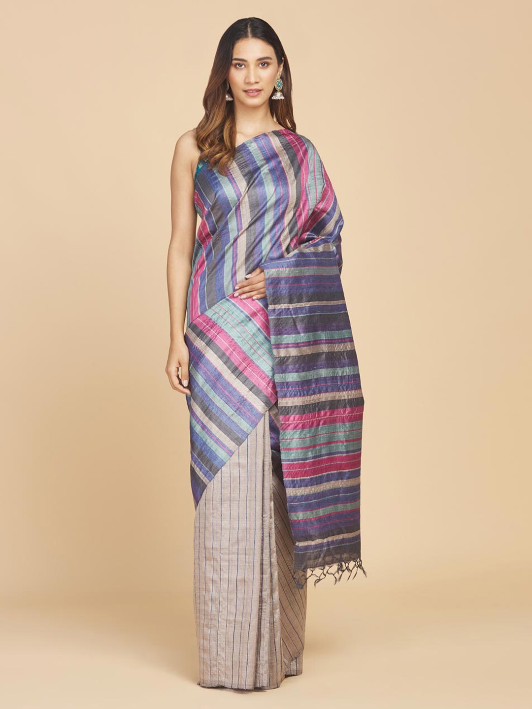 

Fabindia Striped Pure Silk Saree, Silver