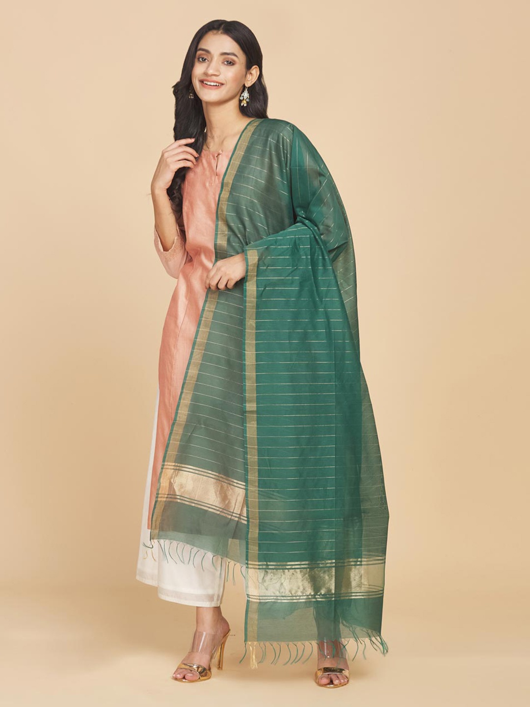 

Fabindia Woven Design Cotton Silk Dupatta with Zari, Green
