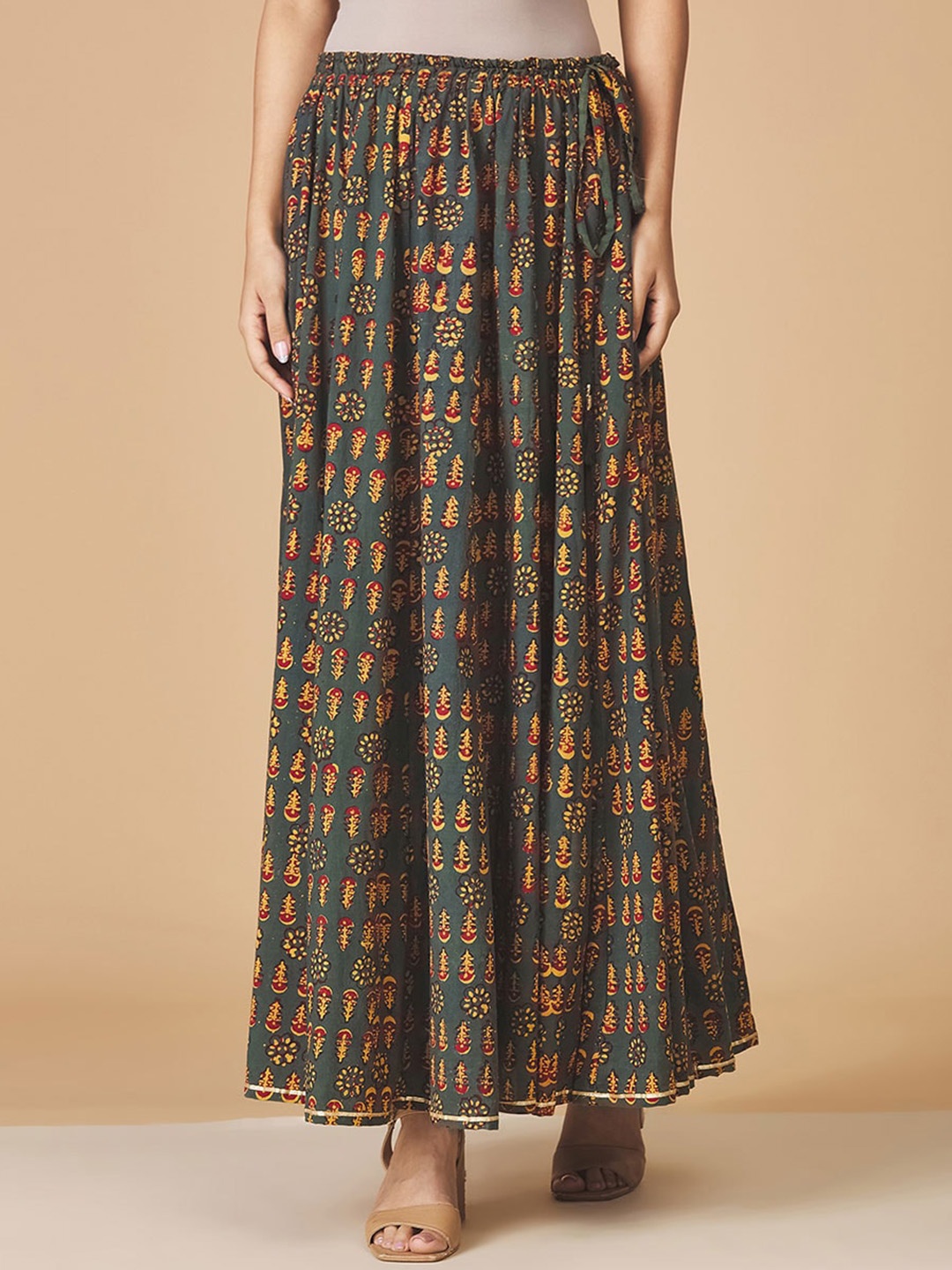 

Fabindia Women Printed Cotton Flared Maxi Skirt, Green