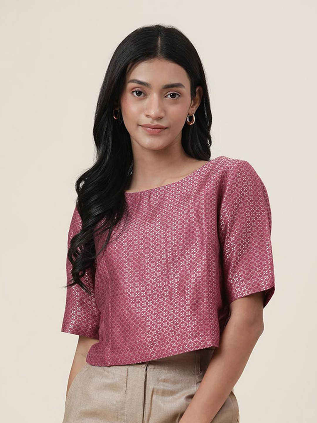 

Fabindia Brocade Boat Neck Crop Top, Pink