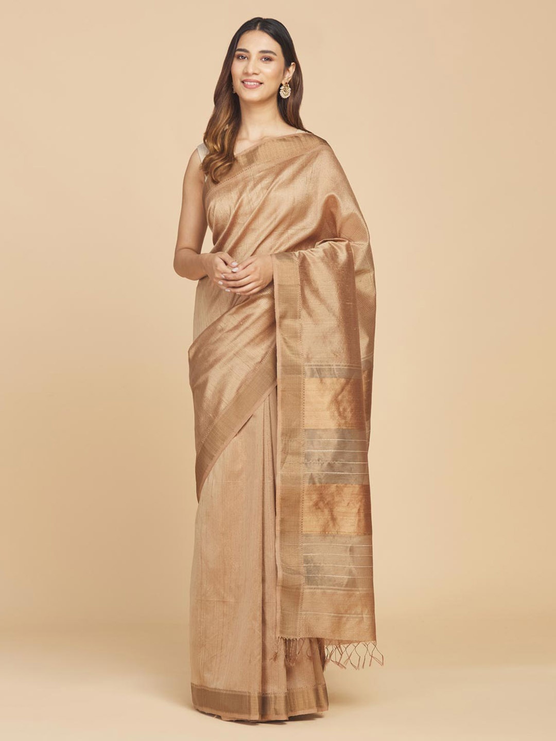 

Fabindia Woven Design Zari Silk Blend Maheshwari Saree, Beige