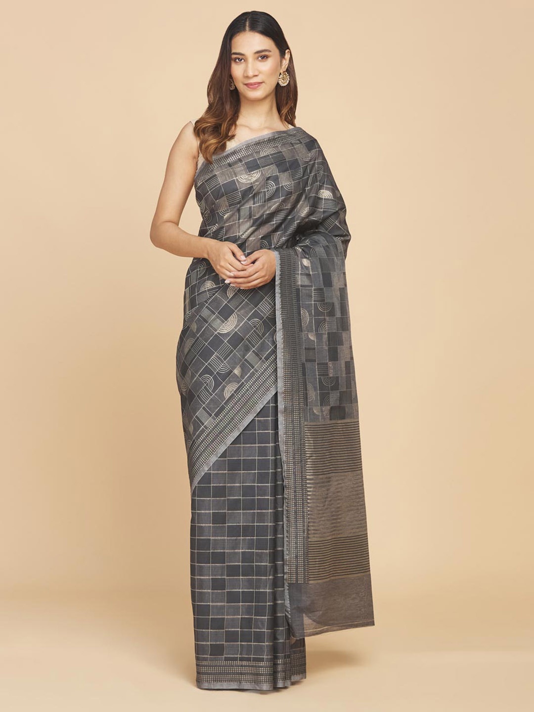

Fabindia Checked Zari Saree, Black