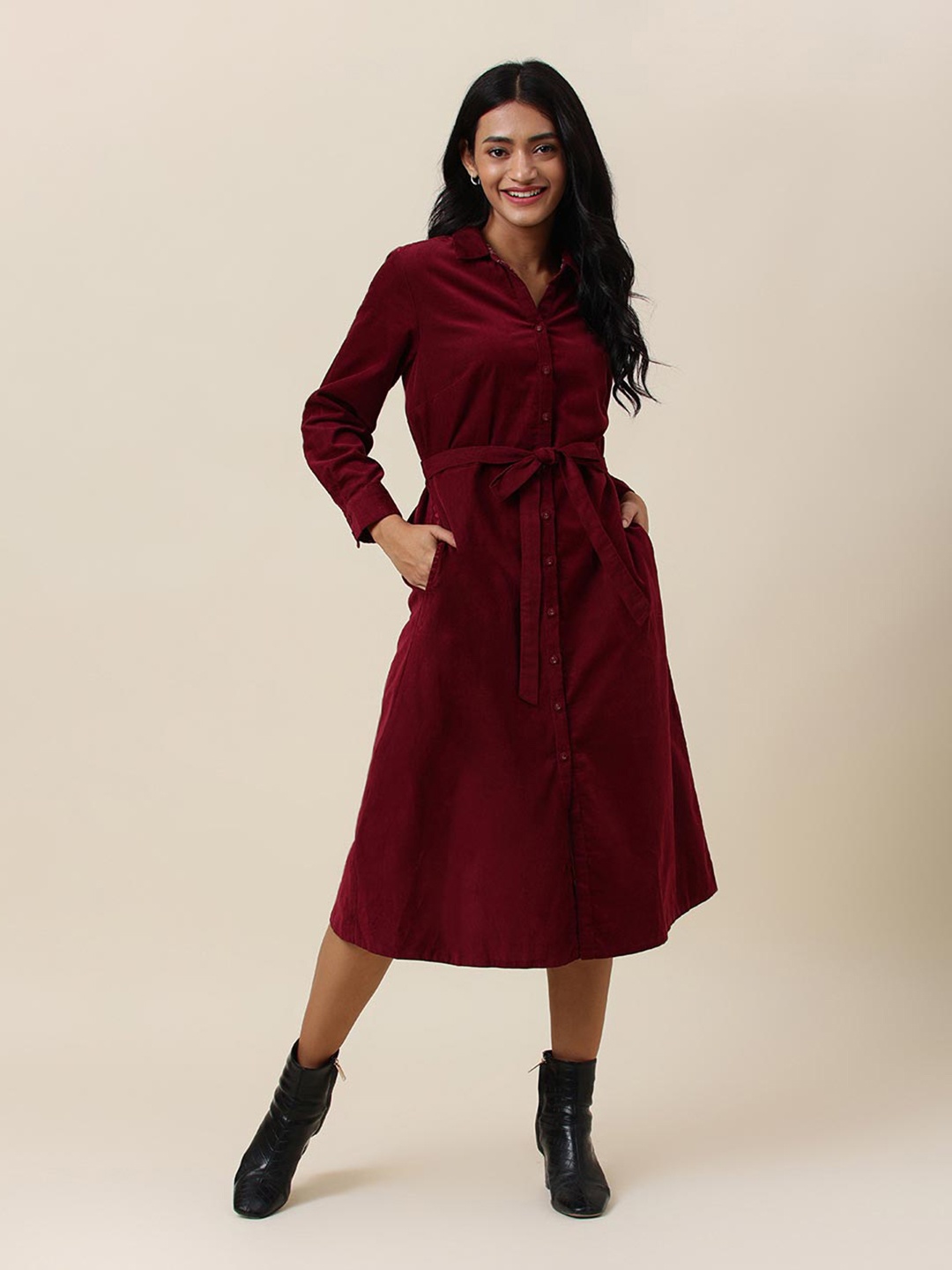 

Fabindia Cotton Shirt Midi Dress, Maroon
