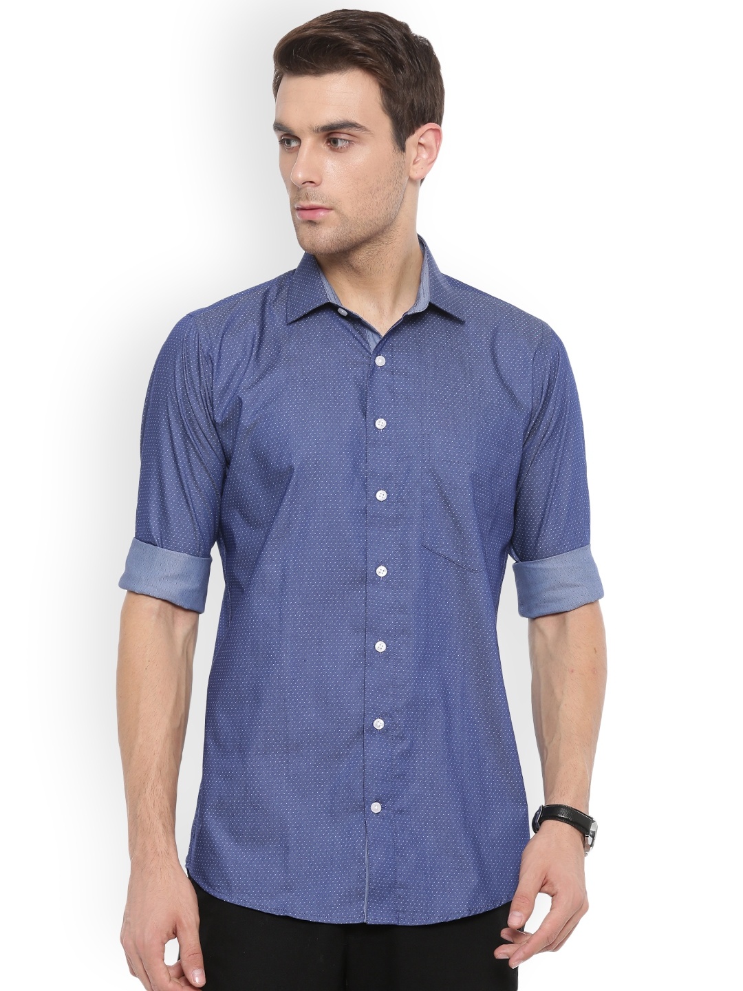 

Shaftesbury London Men Blue Comfort Slim Fit Self Design Casual Shirt