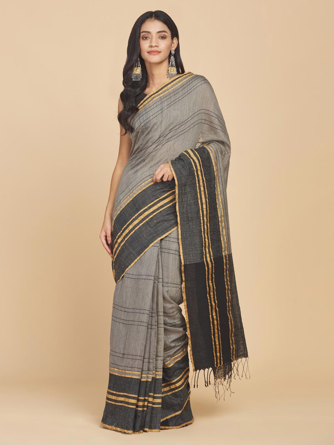 

Fabindia Striped Pure Silk Saree, Grey
