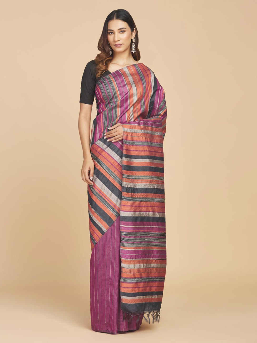 

Fabindia Striped Pure Silk Saree, Magenta