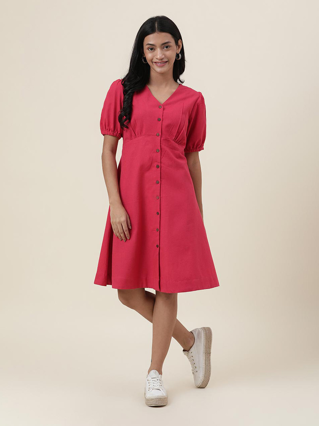 

Fabindia Cotton Linen V-Neck Mini Dress, Red