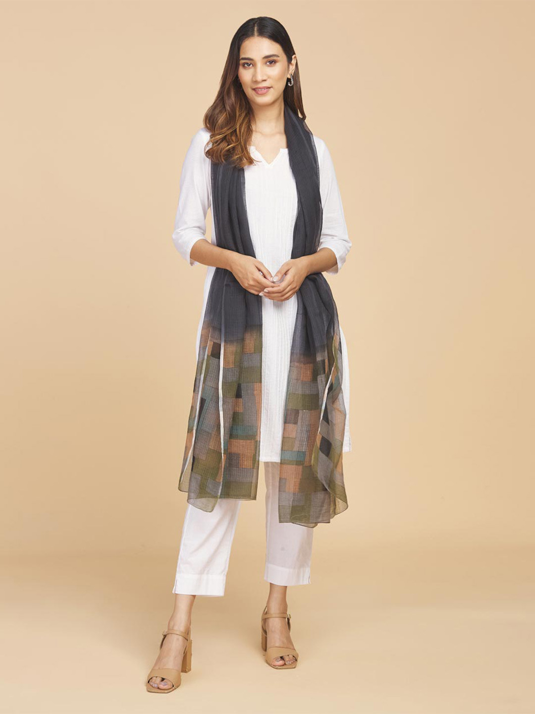 

Fabindia Printed Cotton Silk Dupatta, Black