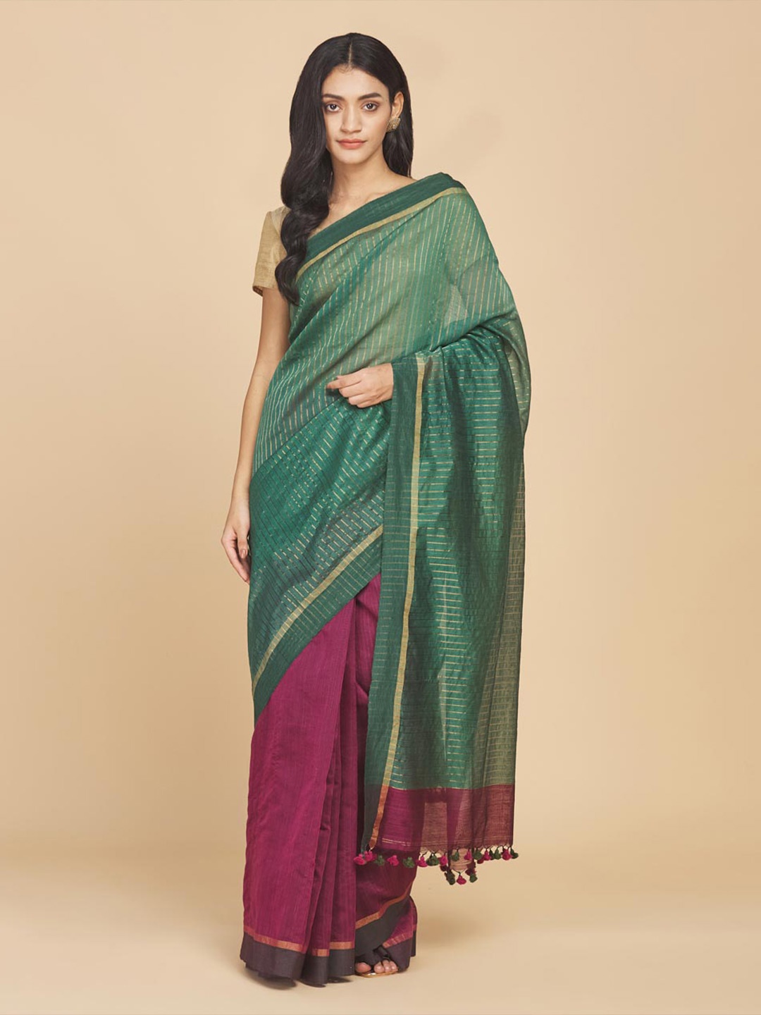 

Fabindia Striped Zari Saree, Green