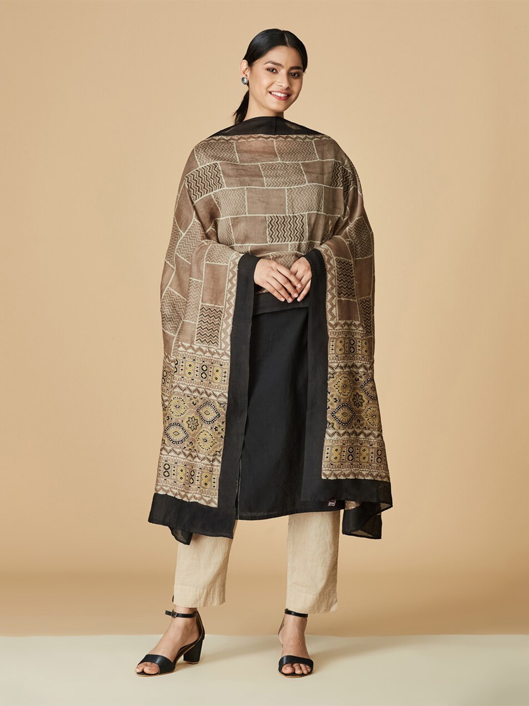 

Fabindia Printed Cotton Silk Dupatta, Brown