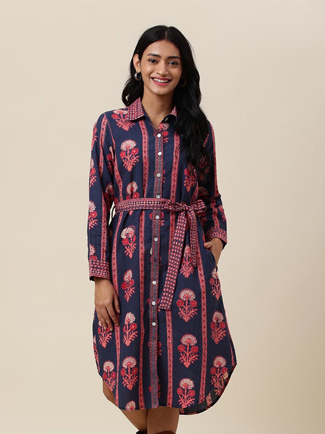 

Fabindia Floral Printed Cotton A-Line Dress, Blue