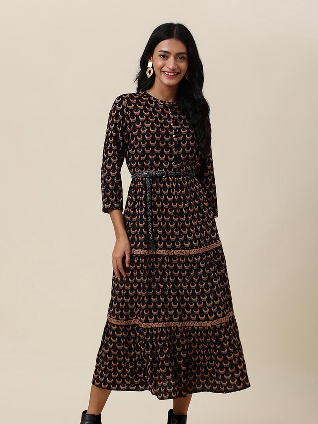 

Fabindia Ethnic Motifs Printed Midi Dress, Black